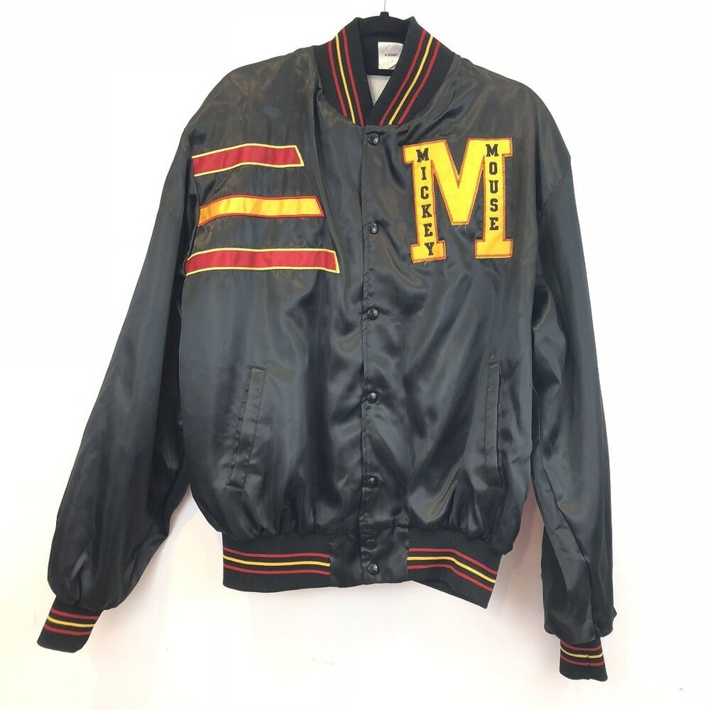 Vintage Disney Wear Mickey Mouse Letterman Jacket Black Satin Made In USA Size L